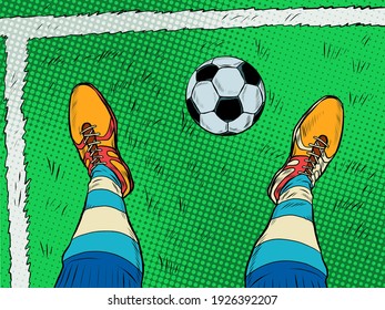 soccer player and ball feet shoes profession. Pop art retro vector illustration vintage kitsch 50s 60s style