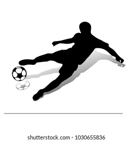 Soccer player with a ball jumping, beats with his foot. Silhouette on a white background, vector