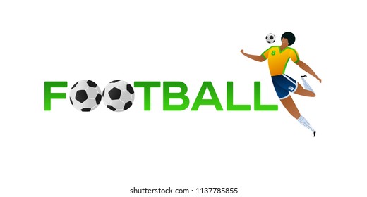 Soccer player with ball. Lettering Football with two balls. Football player in campionship. Fool color vector illustration in flat style isolated on white background.