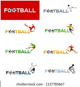 Soccer player with ball. Lettering Football with two balls. Football player in campionship. Fool color vector illustration in flat style isolated on white background.
