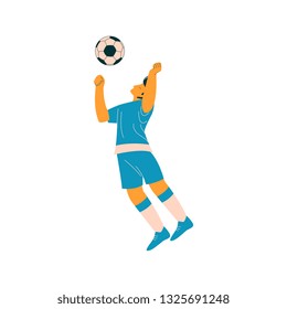 Soccer Player with Ball, Male Footballer Character in Blue Sports Uniform Vector Illustration
