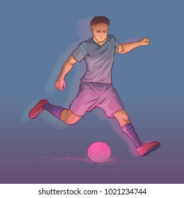 Soccer Player a ball. Neon light. Vector illustration