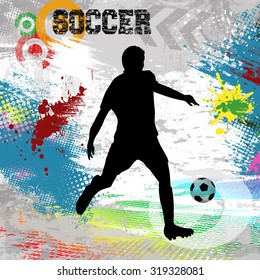 Soccer player with ball on abstract grunge background, vector illustration