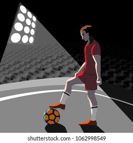 Soccer player with ball on field. Vector illustration, black and white background