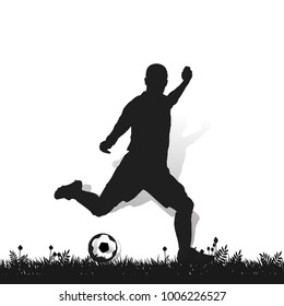 Soccer player with ball on the grass makes a punch, silhouette on white background, vector
