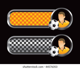 jugador de fútbol y fichas de bola naranja y negro a cuadros