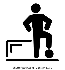 Soccer player with ball solid icon, sport concept, Footballer near gate sign on white background, Footballer stands with ball icon in glyph style for mobile and web design. Vector graphics
