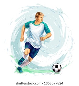 Soccer player with a ball from splash of watercolors. Vector illustration of paints