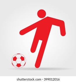 Soccer player with ball, vector icon in red color