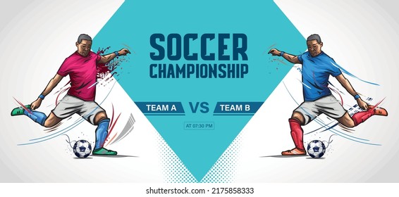 Soccer player banner design. Team A VS Team B football player in action illustration vector design.