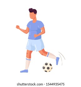 Soccer player in a blue shorts running with the ball. Vector illustration in flat cartoon style.