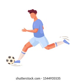 Soccer player in a blue t-shirt running with the ball. Vector illustration in flat cartoon style.