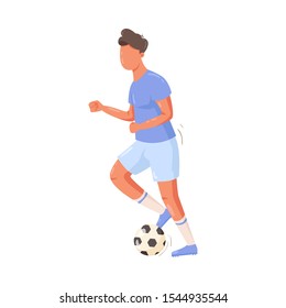 Soccer player in a blue uniform running with the ball. Vector illustration in flat cartoon style.