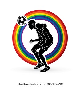 Soccer player bouncing a ball action  designed on line rainbows background graphic vector