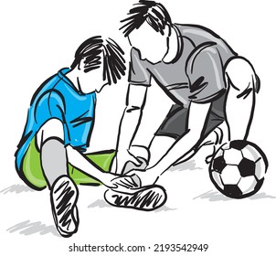 soccer player boy leg injury coach helping sports concept vector illustration