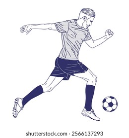 Soccer player. Boy running, kicking ball on sport field. Active man in sportswear playing football.