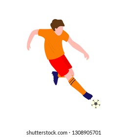 Soccer player in brilliant sportswear kicks the ball