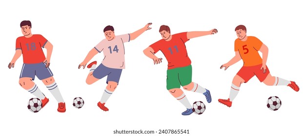 Soccer player cartoon. Man kicking ball.Kick the ball soccer.Player quick shooting a ball.Isolated on white background.Character vector illustration.Soccer ball.Football player.