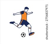 Soccer Player Cartoon Vector – Dynamic Kicking Ball Pose Orange Blue Uniform Sports Art
