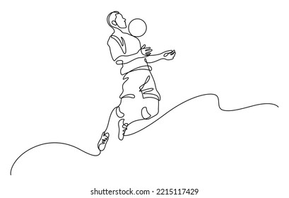 soccer player catch a ball by jumping and do a chest stall line art vector illustration. Continuous line drawing style isolated on white background