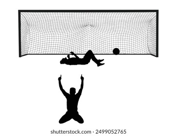 Soccer player celebrates goal scoring on knees, kick ball against sad goalkeeper not saves shot vector silhouette illustration isolated. Man football player duel. Effective move game public spectacle.