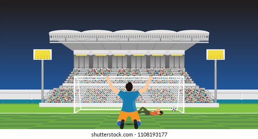 Soccer player celebrating goal and Goalkeeper covers own face during the game missed the ball in gate on a soccer,vector illustration.