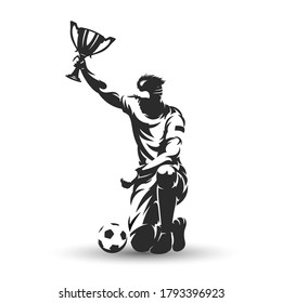 soccer player celebrating with trophy design on gray background