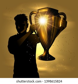 Soccer player celebrating victory holding trophy hand on gold background