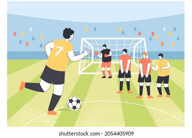 Soccer player character kicking ball towards goalkeeper. Penalty kick or shot during football game at stadium flat vector illustration. Sports, competition concept for banner or landing web page