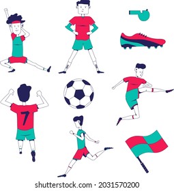Soccer player character in various pose with flat design style.