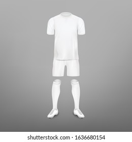 Soccer player clothes kit - realistic mockup set. White T-shirt, shorts, socks and shoes design template with invisible model. Vector illustration.