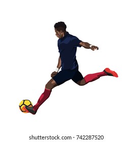 Soccer player in dark blue jersey running and kicking ball. Vector illustration