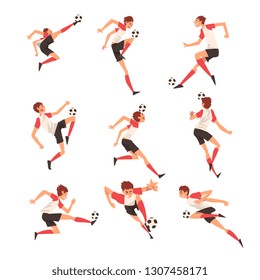 Soccer Player in Different Poses Set, Professional Football Player Character in Uniform Training and Practicing Soccer Vector Illustration