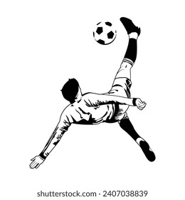 Soccer Player Doing Overhead Kick. Bicycle Kick In The Air. Isolated Silhoutte Vector