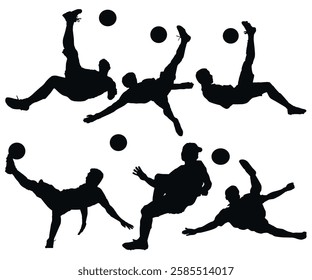 Soccer Player Doing Overhead Kick. Football Player illustration. Bicycle Kick In The Air. Iconic soccer moves isolated silhouette Vector. Player soccer Scissors Kicks and over head kick in the air.