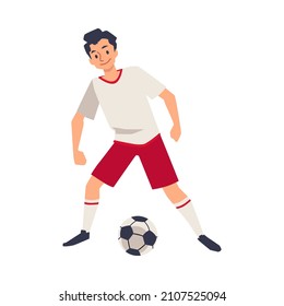 Soccer player dribbles or passes ball in team game. Teen sportsman is training before competition in flat vector illustration isolated on white background. Cartoon guy kicks football ball, scores goal