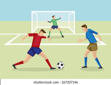 Soccer player dribbling soccer ball in soccer field in front of goalkeeper and goalpost. Vector cartoon illustration for soccer sports.