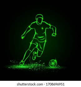 Soccer player dribbling with ball. Vector Football sport green neon illustration.