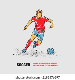 Soccer player dribbling with the ball. Vector outline of soccer player with scribble doodles style drawing.