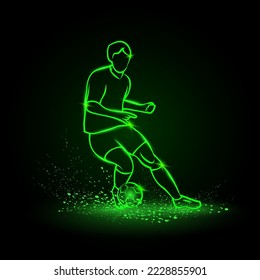 Soccer player dribbling with the ball. Vector Football sport green neon illustration.