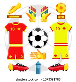 Soccer player european football equipment set. Gold goalkeeper team rewards, black white ball, red yellow uniform, gloves, shoe, sport bottle. Modern flat vector illustration icon. Isolated on white