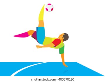 Soccer player falling kicking the ball
