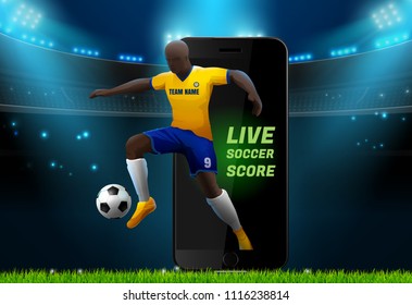 soccer player with field stadium background and mobile live vector illustration