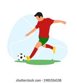 Soccer Player Flat Illustration. Football Player Kicking The Ball. Vector Isolated white background - EPS 10 Vector