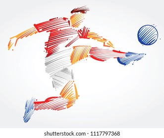 Soccer player flying to kick the ball made of colorful brushstrokes on light background