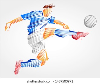 Soccer player flying to kick the ball made in blue and grayscale brush strokes on light background