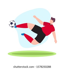 Soccer player flying kick the ball, vector flat illustration