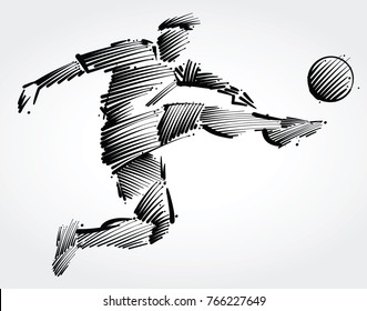 futbolista volando para patear el balón hecho de pinceladas negras sobre fondo ligero