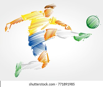 soccer player flying to kick the ball made of colorful brushstrokes on light background