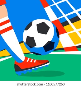 Soccer player with football ball against the background of the stadium football cup. Welcome to Russia. Football player in Russia. penalty. Full color illustration in flat style. Vector illustration